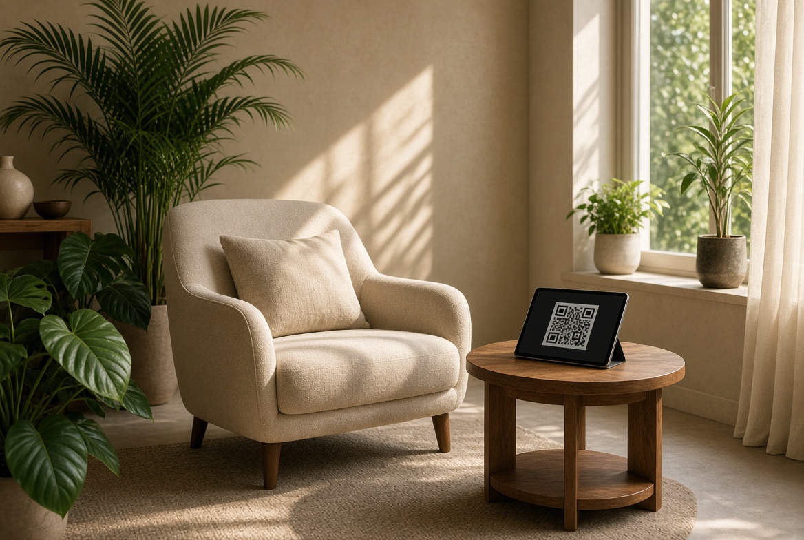A quiet sunlit room with an armchair, plants and a tablet on a stand