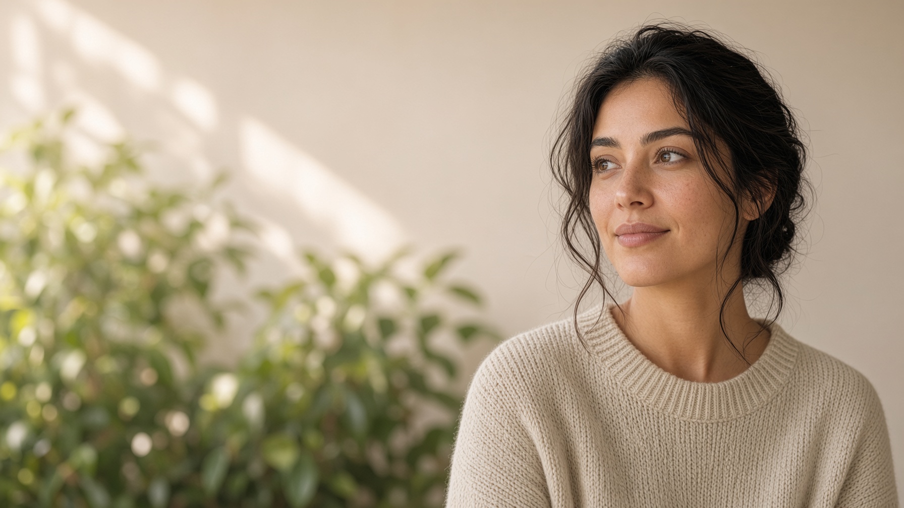 A woman in soft daylight, looking aside with a calm expression
