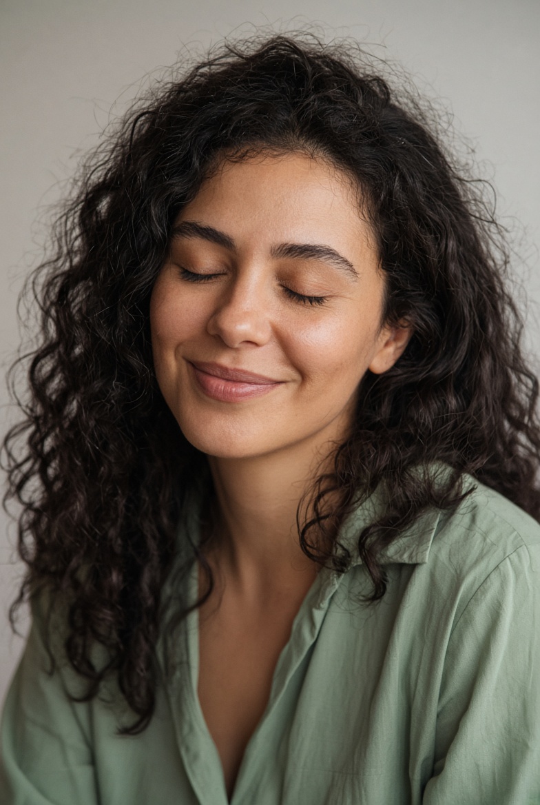 A woman with her eyes closed, smiling, in soft light